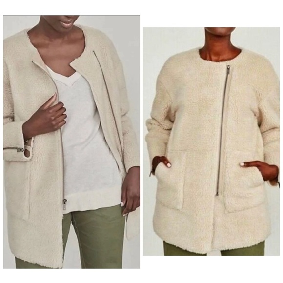 Elizabeth and James Faux Sherpa Jacket Coat Faux Suede Tan Ivory Pockets Warm XS - Picture 1 of 9